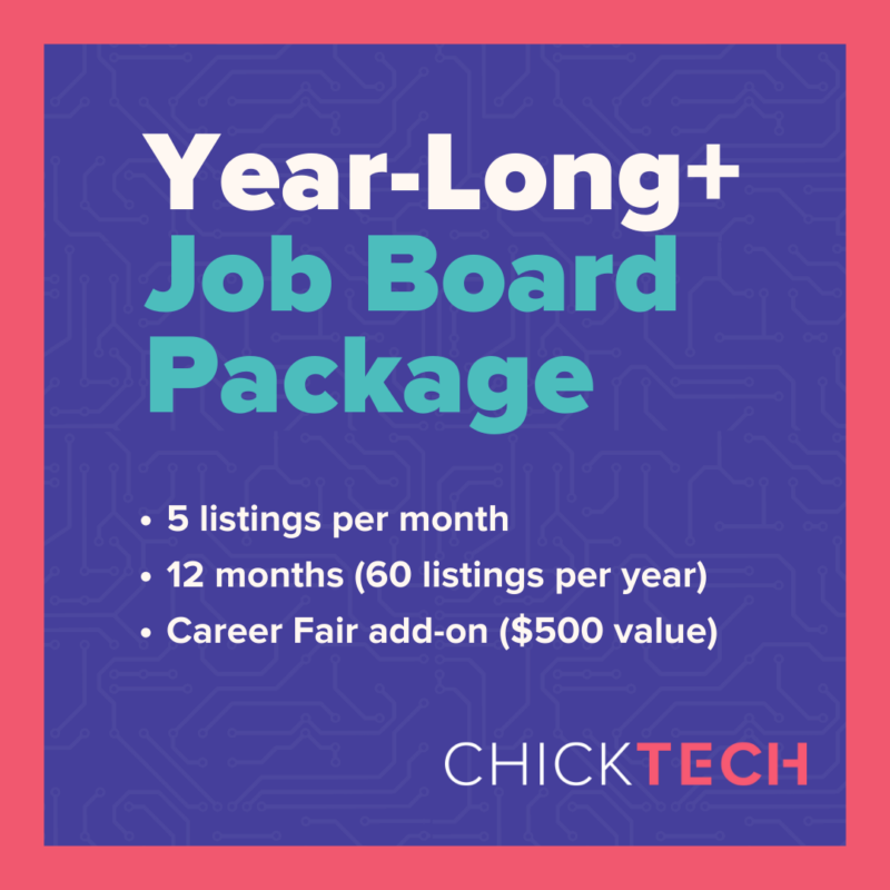 A graphic with the text "Year Long+ Job Board Package - 5 listings per month, 12 months (60 listings per year), Career Fair add-on ($500 value)"